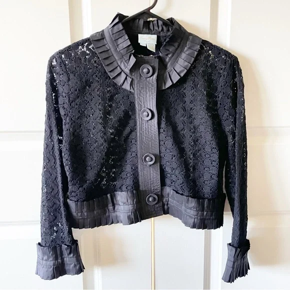 Tracy Reese Black Lace Ruffle Cropped Button Front Blazer Jacket Size Large - Picture 1 of 9